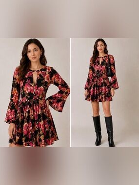 Free People Tegan Black Tie-Neck Floral Bell-Sleeve Mini‎ Dress w Pockets Size:0